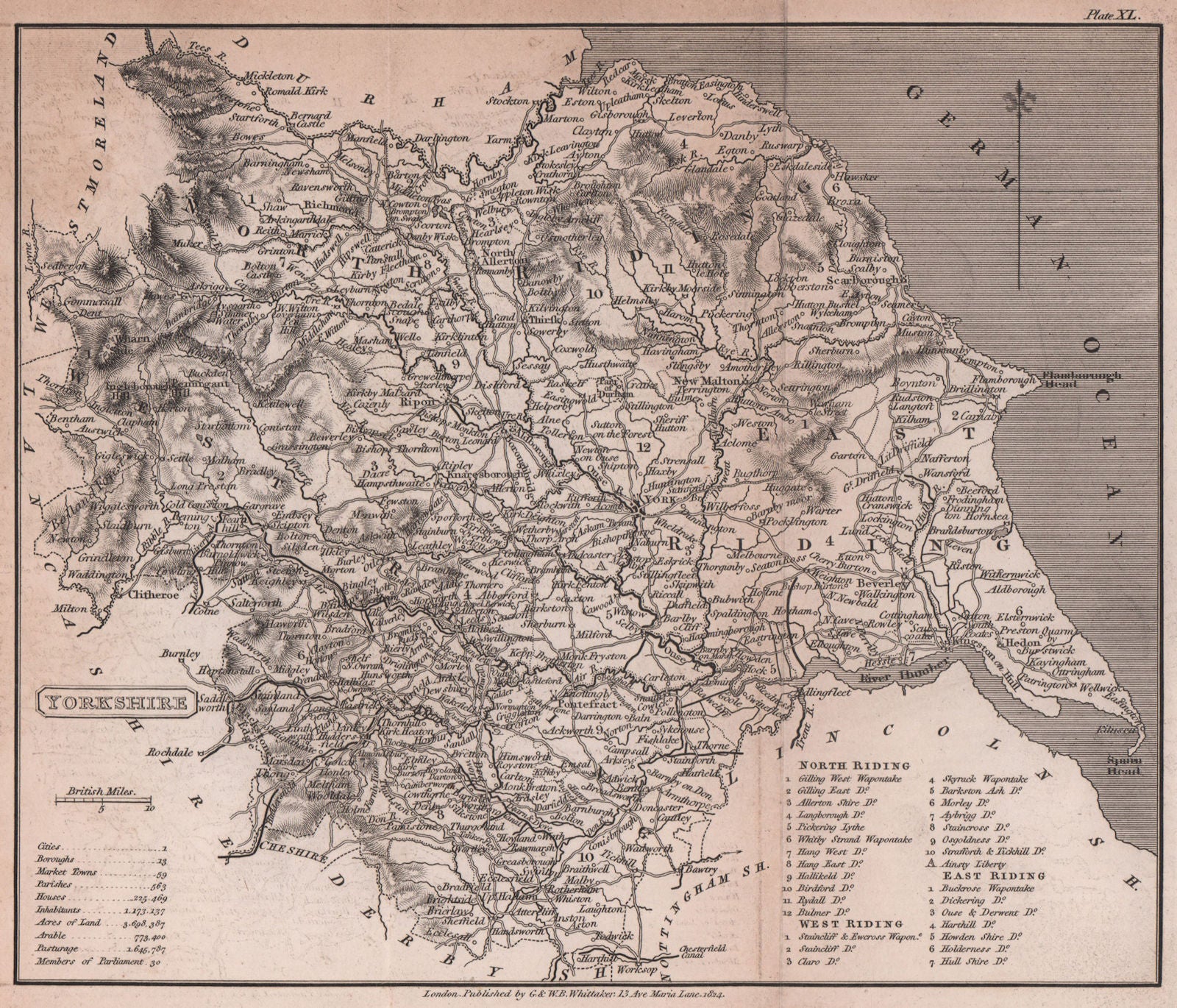 Yorkshire antique copperplate county map by Benjamin Pitts Capper 1825 old